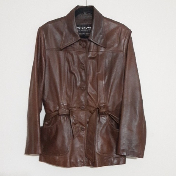 Wilsons Leather Brown Jacket Coat Women L BUTTON Down Waist Belt Y2k Event Goth - Picture 1 of 7